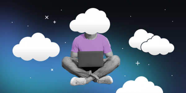 a person sitting with a laptop in their lap while they float in the sky with their head in a cloud icon